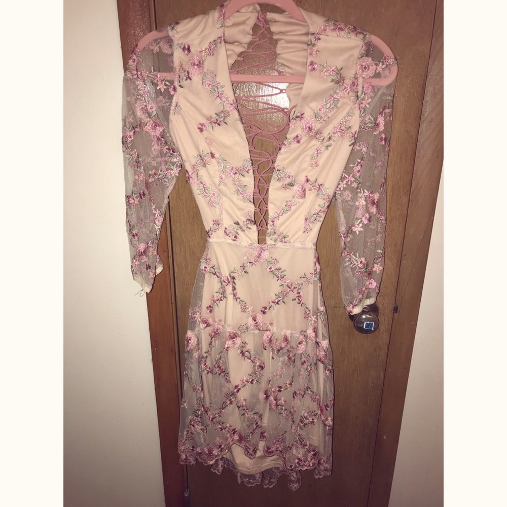 Nude and pink lace up dress